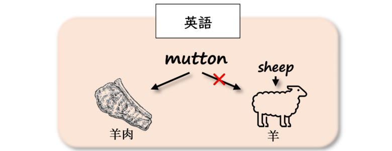 英語というシステムの中では、muttonという語が持つ指示対象は「羊肉」のみ